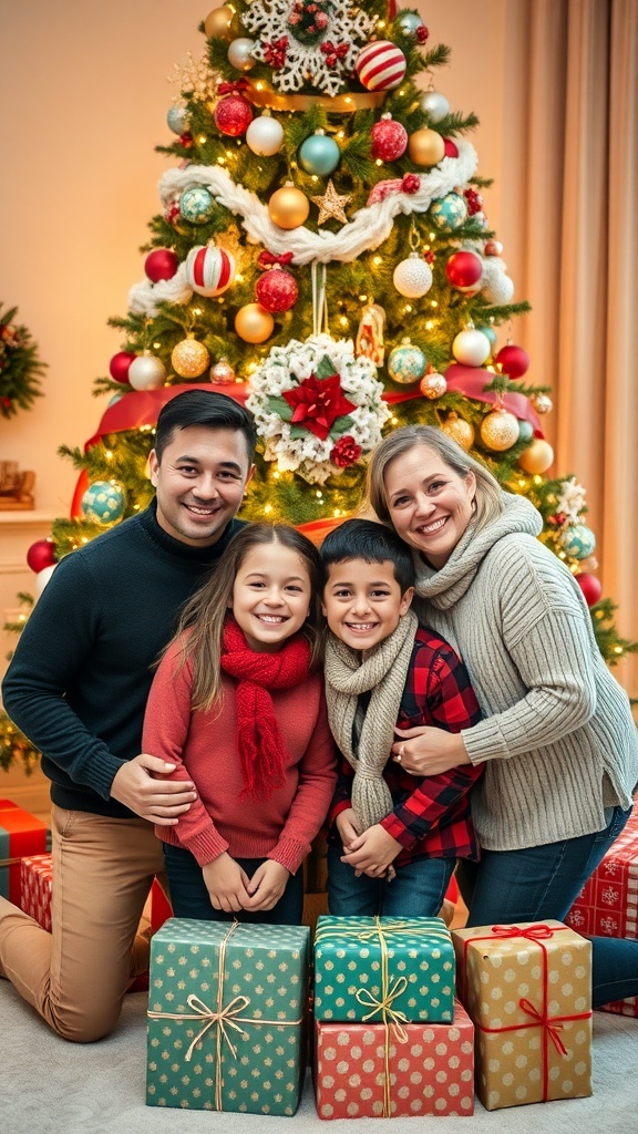 A family of four in festive clothing smiling in front of a decorated Christmas tree with presents.
